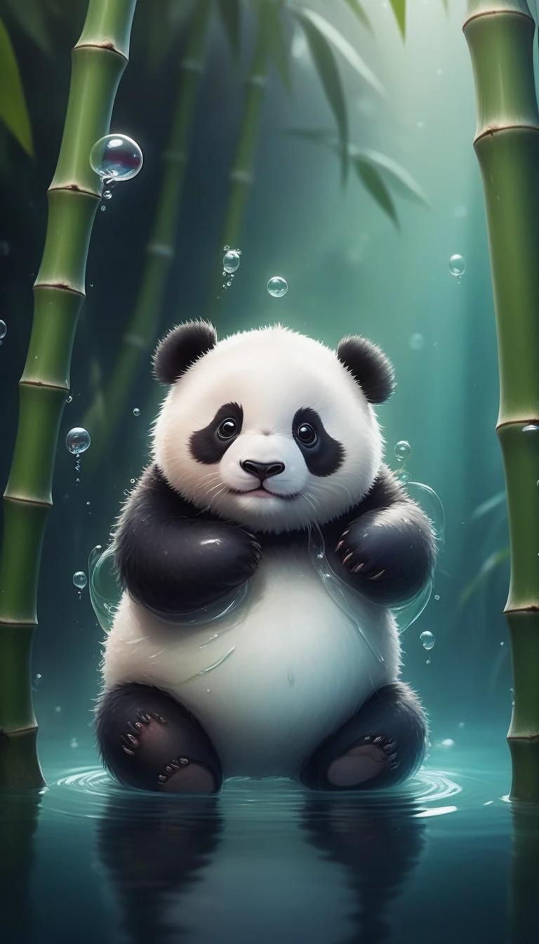 Adorable baby creature, hybrid of panda and jellyfish. Chubby, round body with translucent, jellylike texture. Distinct black and white panda markings floating within its clear body. Cute, pudgy panda face with big, innocent eyes and tiny nose. Soft, fluffy fur around its head. Multiple short, stubby tentacles gently hugging a bamboo stalk. Floating peacefully in crystal-clear lake water. Lush bamboo forest visible in background. Kawaii style with exaggerated head-to-body ratio. Soft, ethereal glow emanating from its body. Tiny air bubbles surrounding it. Gentle ripples in the water. Warm, dreamy lighting. Hyperrealistic textures blending fur and gelatinous body. Digital art, extremely cute and cuddly appearance