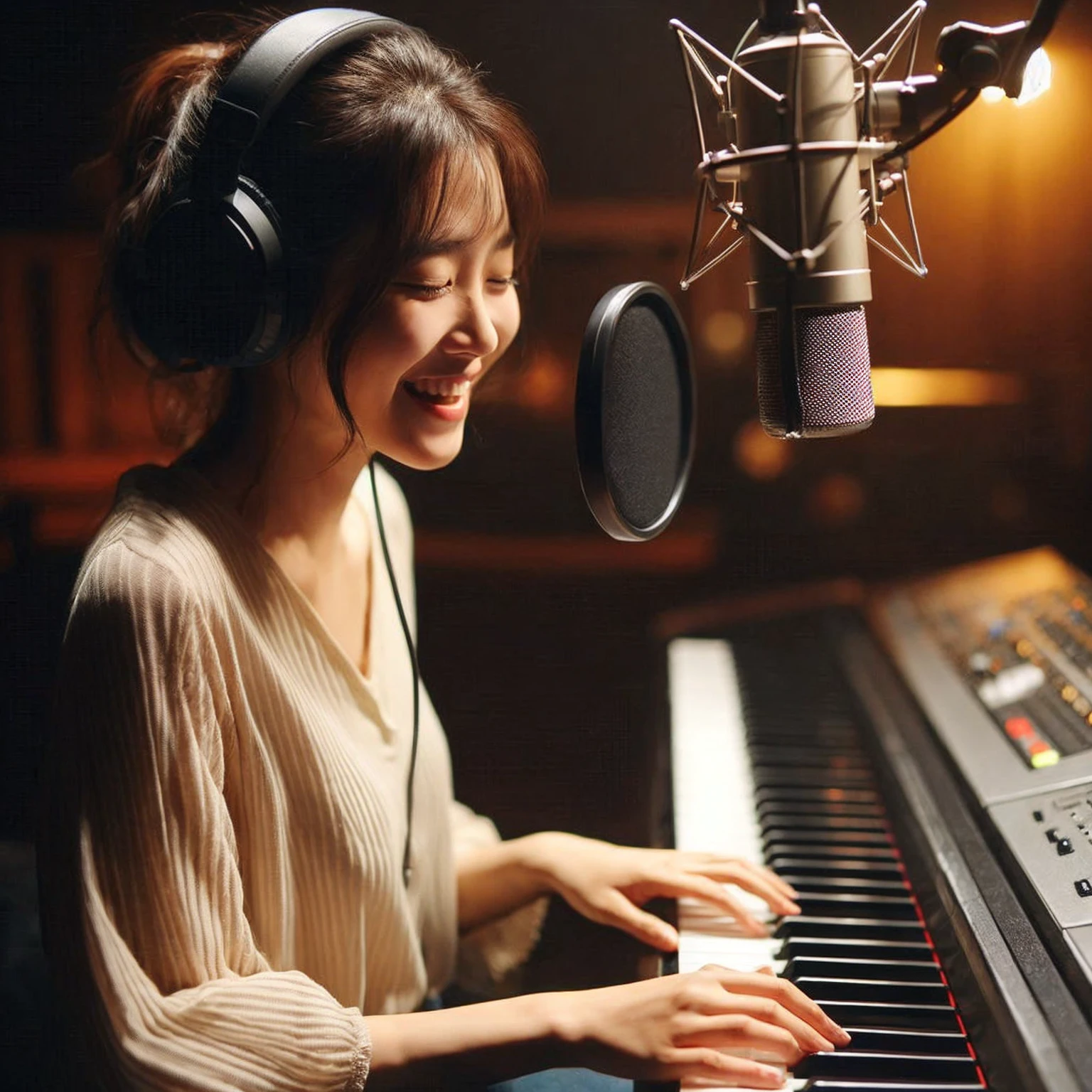a young korean woman playing piano keyboard in a recording studio. She is wearing large headphones. she has a joyful expression on her face, fully immersed in the music. conveying the emotion and intensity of her performance. The background is dimly lit, focusing the attention on her and the microphone. Describe the atmosphere, the emotions