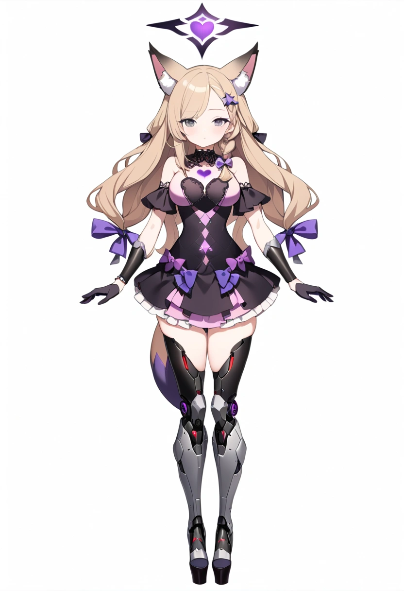 woman 170 cm tall. medium chest, wide hip, slim build, ((whole body)). (((character design sheet: front view))). (dark blonde hair, (hip-length wavy hair with asymmetrical bangs, star hairpin), (She has a short braid tied with an elegant purple ribbon on the left side of her hair above her chest). (She has a short braid tied with an elegant purple ribbon on the right side of her hair above her chest). She has small hair ties in the back of her hair..). ((Gray eyes with a pink 4-pointed star in the pupil)). (Two black and purple fox ears located on the top of the head). (Luminous black halo with purple star patterns above his head). He has a black collar with a heart emblem on his neck.. (Elegant long one piece dress, thigh-length lace and ruffle skirt, ribbon decorations and star patterns on the dress). black gloves, Black platform heels. gray belt at the waist with a large ribbon with a luminous pink heart in the middle. ((Adorable succubus tail that ends in the shape of a purple heart)). (((It has complex mechanical legs that reach up to the thighs and are black with small purple details..))). beautiful detailed hair, beautiful detailed dress. extremely detailed arms. extremely detailed face, small face, Beautiful detailed eyes, beautiful detailed lips. adorable. extremely detailed legs. (Best Quality, 4k, high resolution), ultra detailed, Exquisite and epic character art, ((White background)). (Focus on symmetry).