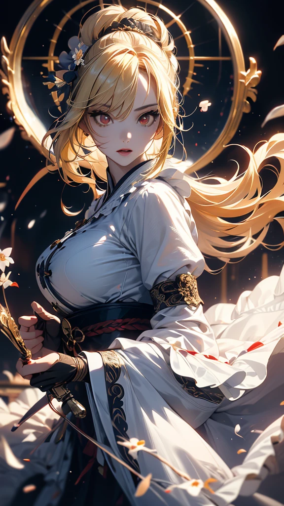 masterpiece, high quality, 4K, Beautiful design, silhouette,blonde, 非常に詳細な夜のStarry Sky,Flower Field, wonderful, Finer details, Very knowledgeable woman, Highly detailed solo, 1 female,Red eyes,Big Breasts,White ta Fashion,fan,Night view,Starry Sky,full moon,