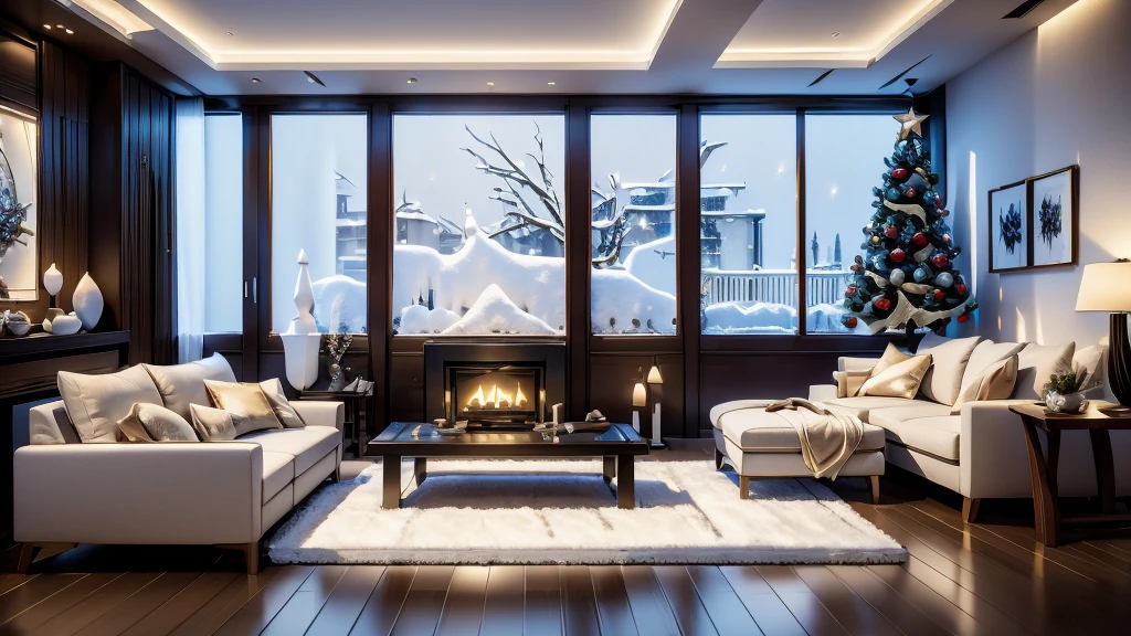 Arafed view of living room with sofa and table,3D rendering by Shen Zhou,pixabay,Minimalism,Modern Living Room,Luxurious environment,Luxurious HD rendering,Lumion Rendering,优雅的Minimalism,舒适的Modern Living Room,interior design living room,Floor-to-ceiling windows,candle fireplace,Decorate the Christmas tree,Super delicate snow scene outside the window,Excellent 3D rendering,High quality 3D rendering,High quality 3D rendering,Marble Flooring