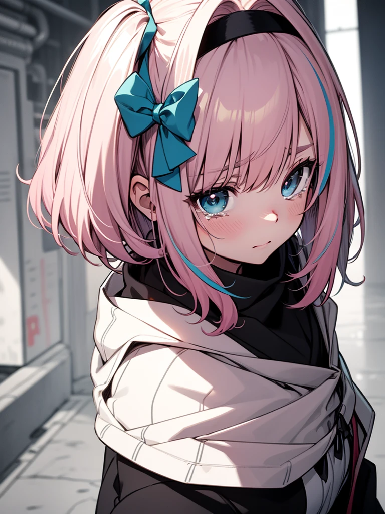 from the Side below Black silk, upper body, pleated skirt, poncho, original, monochrome, flat color, intricate detail, flat shading, flat color, minimalist-lines, graphite (medium), , bishoujo, young girl, crossed bangs, ahoge, side_ponytail, split-color hair, medium hair, streaked hair, blue_eyes, crystal pink_hair, pink_hair, looking at viewer, looking up, tears, blush, embarrassed, aquagradient eyes, tiny tits, hair ribbon, hair ornament, hair rings, hair stick, hairband, close-up, ukiyo-e, zoom layer, anatomically correct, masterpiece, high details