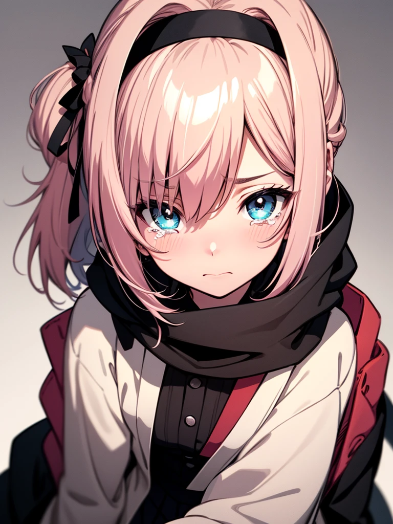 from the Side below Black silk, upper body, pleated skirt, poncho, original, monochrome, flat color, intricate detail, flat shading, flat color, minimalist-lines, graphite (medium), , bishoujo, young girl, crossed bangs, ahoge, side_ponytail, split-color hair, medium hair, streaked hair, blue_eyes, crystal pink_hair, pink_hair, looking at viewer, looking up, tears, blush, embarrassed, aquagradient eyes, tiny tits, hair ribbon, hair ornament, hair rings, hair stick, hairband, close-up, ukiyo-e, zoom layer, anatomically correct, masterpiece, high details