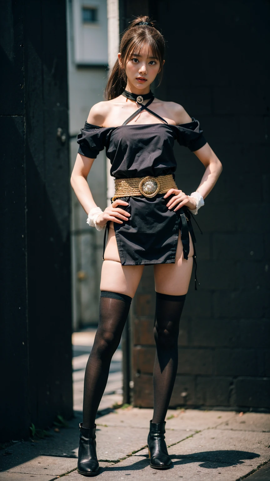 (8K、RAW Photos、Highest quality、masterpiece:1.2)、(Highest quality、Realistic)、1 Girl、((ガーターbelt、ponytail、Tube top、Arm Covers、Ninja costume、mini skirt、tights、Belly button、Gloves、belt、ribbon、See-through、Thin legs、whole body、boots、City of night、View from the front、Looking into the camera、Stand with hands on hips))、cute