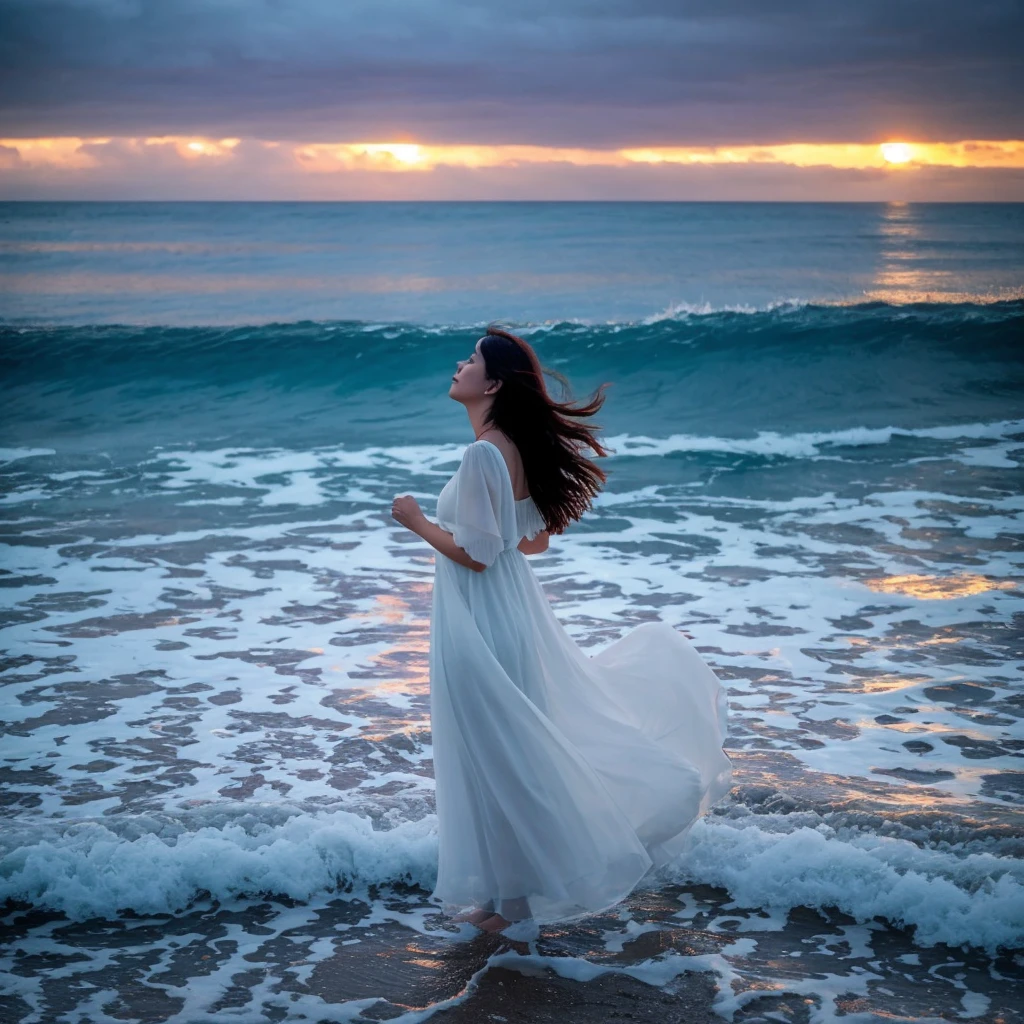 [Verse 1]
On the twilight shore, she runs alone,
The waves' embrace, her cries intone.
Hair in the wind, tears cloud her sight,
She races through the fading light.
A name forgotten, lost in time,
With memories that cease to rhyme.
Once a girl with joy and love,
Now lost beneath the skies above.

[Chorus1]
In the waves, she seeks her strength,
In the tide, she finds her length.
No place to call her own tonight,
But she'll find her light.

[Verse 2]
Parents gone in a sudden strike,
Her world turned dark, no guiding light.
The shore became her daily place,
Where waves could soothe her, warm embrace.
But tonight, the ocean roars,
Her heart, it aches, her spirit sores.
"Why me?" she screams into the wind,
Her pain, a storm she cannot rescind.

[Chorus2]
In the waves, she seeks her strength,
In the tide, she finds her length.
No place to call her own tonight,
But she'll find her light.


"Why me?" she screams into the wind,
Her pain, a storm she cannot rescind.

[Intro]

[Chorus2]
In the waves, she seeks her strength,
In the tide, she finds her length.
No place to call her own tonight,
But she'll find her light.

[Verse 3]
A towering rock, her refuge now,
She clings to past, but wonders how.
Memories of love once near,
Now shadows of what she held dear.
"Why'd you leave me?" she softly cries,
Looking up to painted skies.
The sunset's glow, a bitter sweet,
Reflects the pain she can't defeat.

[Chorus3]
In the waves, she seeks her strength,
In the tide, she finds her length.
No place to call her own tonight,
But she'll find her light.



but wonders how.
Memories of love once near,
Now shadows of what she held dear.
"Why'd you leave me?" she softly cries,
Looking up to painted skies.
The sunset's glow, a bitter sweet,
Reflects the pai, High resolution, masterpiece, Highest quality, Intricate details, Very detailed, Clear focus, Delicate skin, practical skin texture, texture, Delicate eyes, Professional, 4K, Sad face,despair、 Shot with Canon, 85mm, Shallow and deep,  Kodak Vision Color, Exactly, Very detailed, photograph_\(Extremist\), photographpractical, practical, Post-processing, Maximum details, Roughness, Real Life, Extremist practical, Photorealism, photographgraphy, 8K Ultra HD, photographgraphy