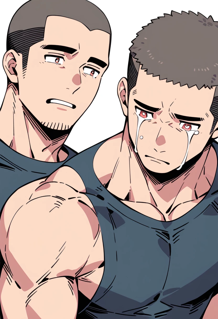 anime characters:Priapus, Muscle Sports Student, Buzz Cut, Manliness, male focus, Sports tight hooded sweatshirt, Very tight, full and perky chest muscles, muscular male, muscular, only, Upper body, alone, Black short hair, Thick eyebrows, stubble, Brown-red pupils, White background, simple background, amazing quality, best aesthetics, Ridiculous, crew cut, sad, crying, sobbing, negative space, best quality