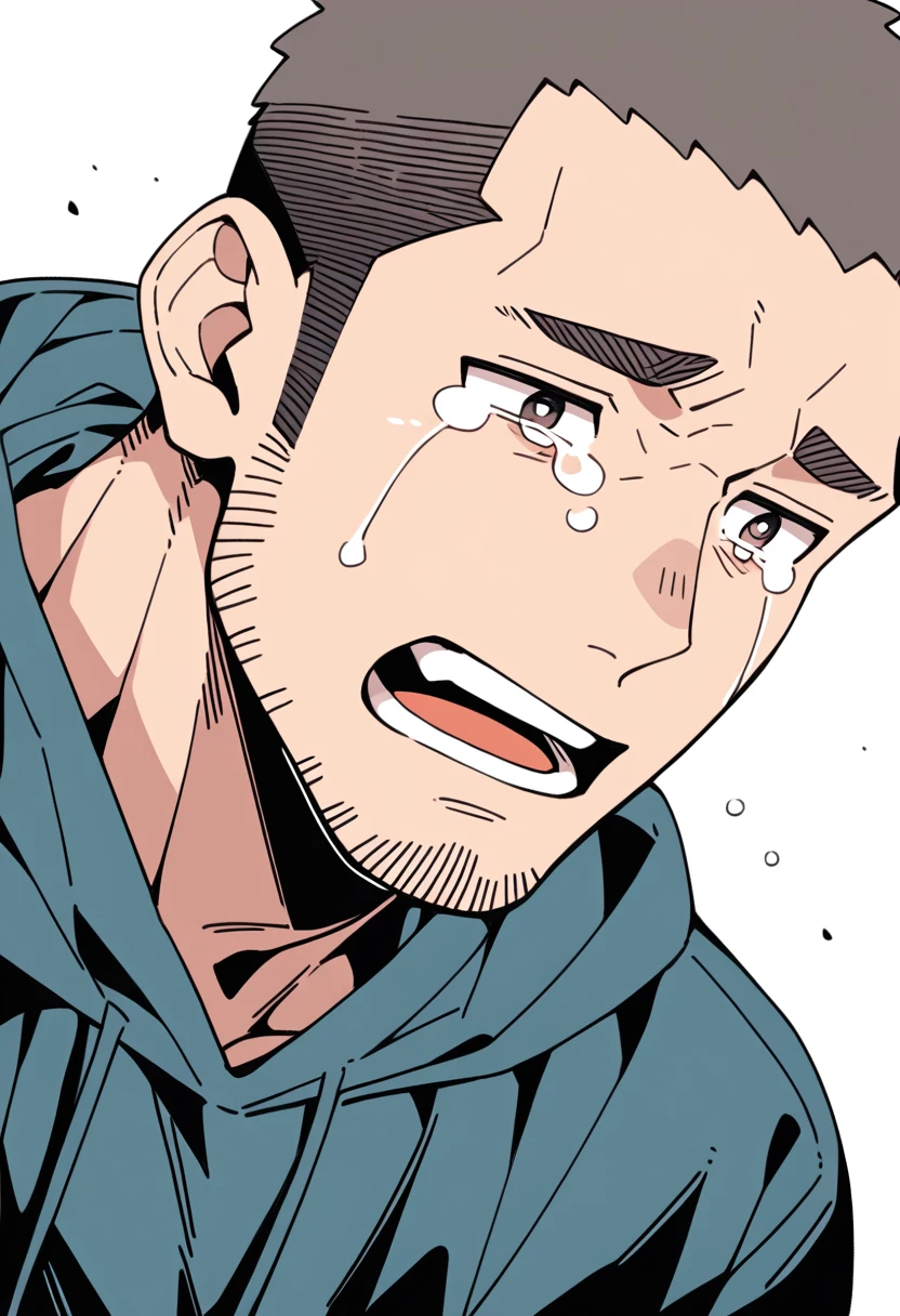 anime characters：Priapus, Muscle Sports Student, Buzz Cut, Manliness, male focus, Sports tight hooded sweatshirt, Very tight, full and perky chest muscles, muscular male, muscular, only, Upper body, alone, Black short hair, Thick eyebrows, stubble, Brown-red pupils, White background, simple background, amazing quality, best aesthetics, Ridiculous, crew cut, sad, crying, sobbing, negative space, best quality