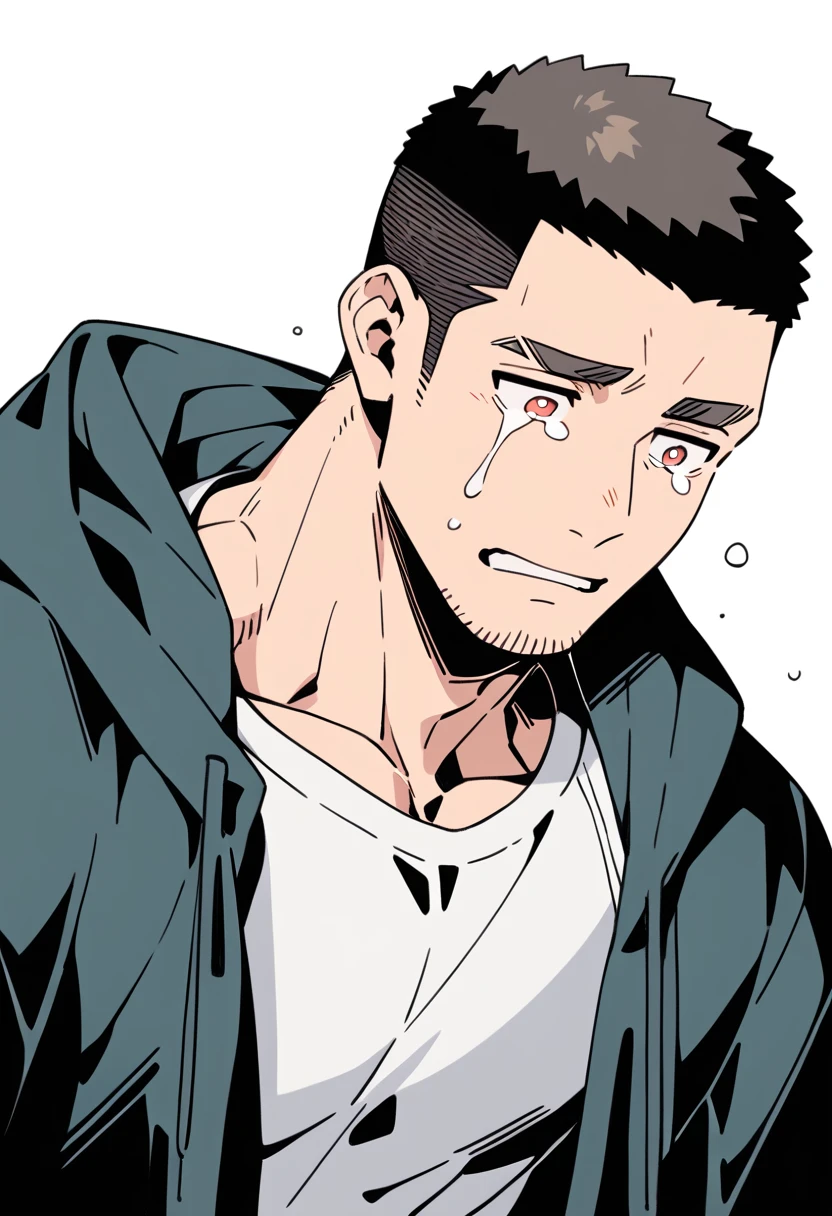 anime characters：Priapus, Muscle Sports Student, Buzz Cut, Manliness, male focus, Sports tight hooded sweatshirt, Very tight, full and perky chest muscles, muscular male, muscular, only, Upper body, alone, Black short hair, Thick eyebrows, stubble, Brown-red pupils, White background, simple background, amazing quality, best aesthetics, Ridiculous, crew cut, sad, crying, sobbing, negative space, best quality