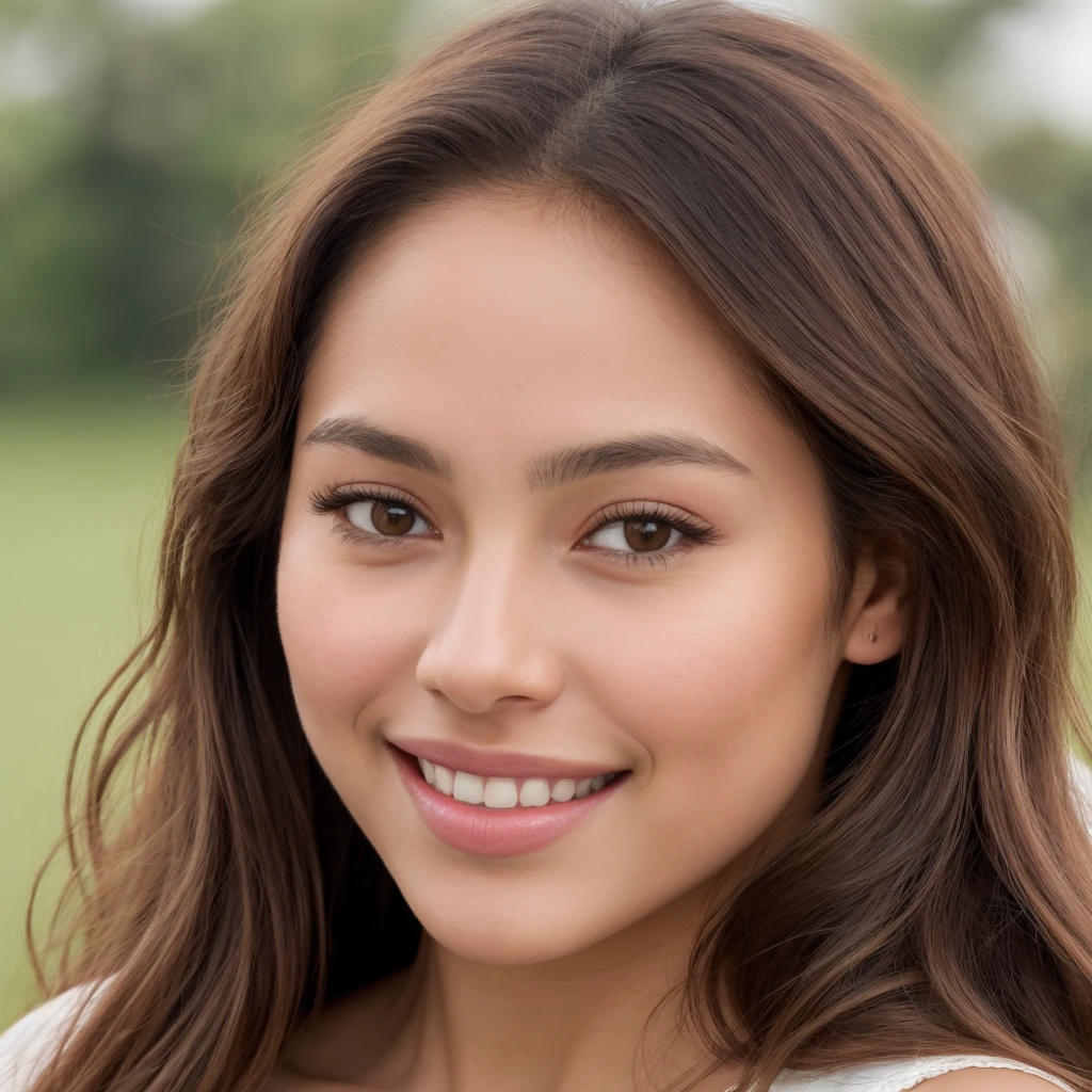 Create a high-resolution, photorealistic image of a beautiful woman with a radiant, natural complexion highlighted by soft blush. Front view. Super close-up. We only see her face. Blush is a soft, warm tone that complements skin tone, adding a touch of warmth and depth to the face. She has a serious smile, a serene expression, with the lighting accentuating her natural glow and the delicate pigmentation of the blush, giving a freshness to the portrait, ensuring clarity to its soft background. blurred The scene is bathed in beautifully constructed studio light, adding a soft, warm atmosphere to the image." Sebastião Salgado close-up on the face] Close-up on the Latina woman's face only.