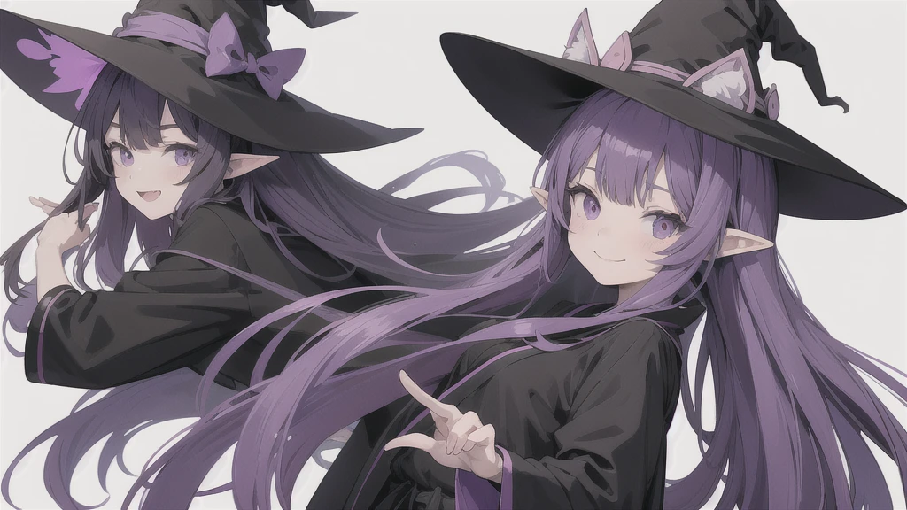 Anime girl. Long purple hair and wearing a black robe. Pointy ears. Witch hat. Cute cartoon. Illustration, alone. Looking back. Full body. About high school . Smiling.