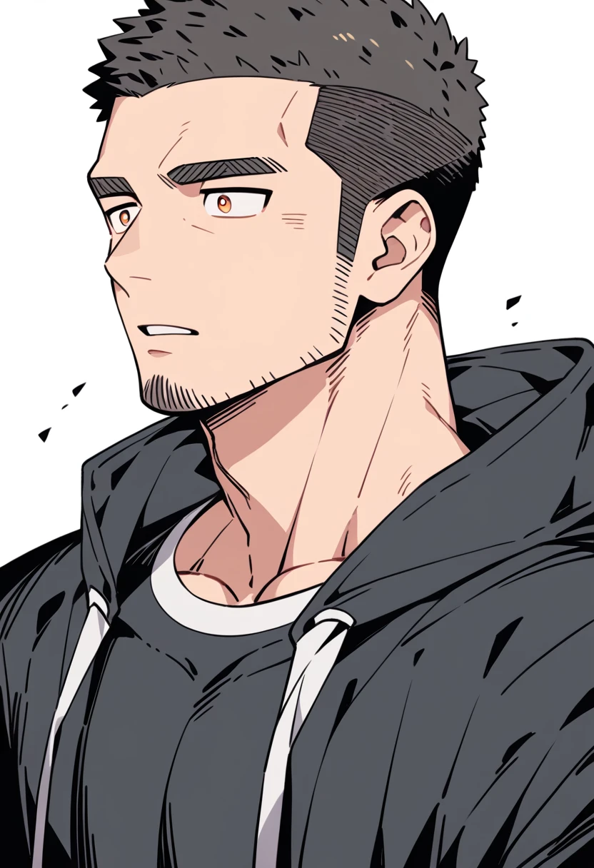 anime characters:Priapus, Muscle Sports Student, Buzz Cut, Manliness, male focus, Sports tight hooded sweatshirt, Very tight, full and perky chest muscles, muscular male, muscular, only, Upper body, alone, Black short hair, Thick eyebrows, stubble, Brown-red pupils, White background, simple background, amazing quality, best aesthetics, Ridiculous, crew cut, parted lips, flustered, endured face, negative space, best quality