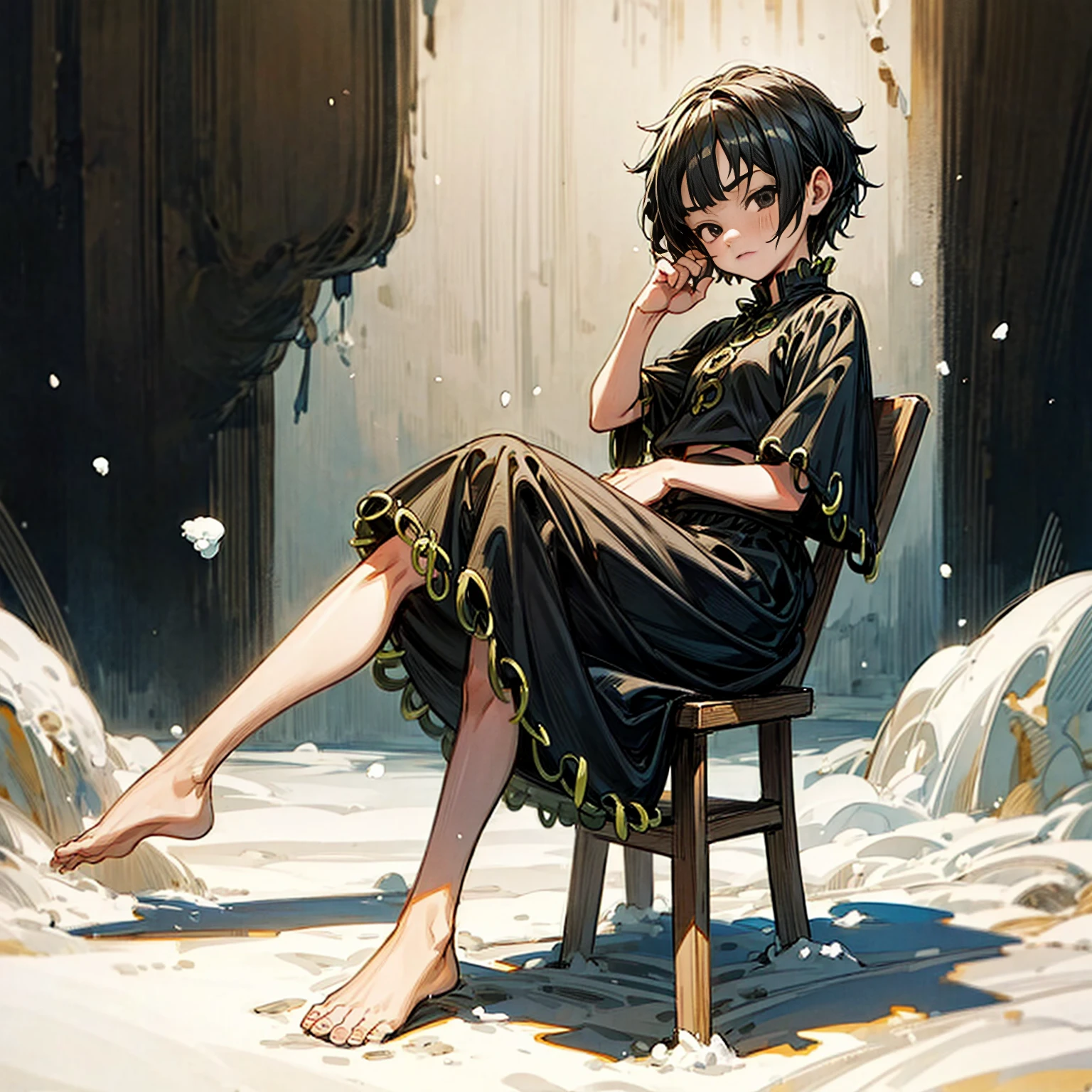 1childern girl, Full body version, 1character,  version, black eyes color, short haircut, black colour hair, Ancient Roman style clothing, long skirt, Grassroots, background in snow town, motion blur, (one piece style art), snow, sit down gesture 