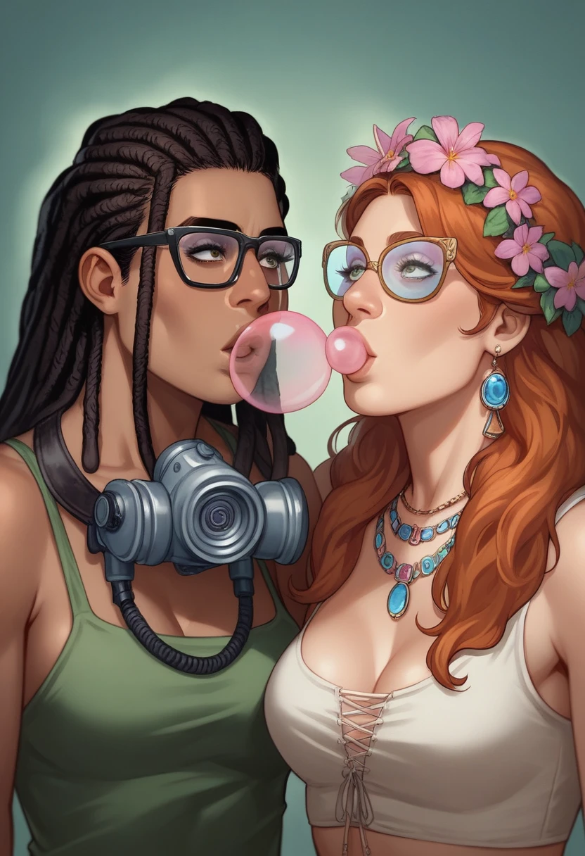 there are two women with dreadlocks blowing bubbles in a dark room, Darius Zawadzki and Tom Bagshaw, a biopunk teenage cyborg, psychedelic coloring, steaming glasses, 3D render of a shaman, oxygen mask, beautiful gemini twins, blowing gum, fashion hippie  