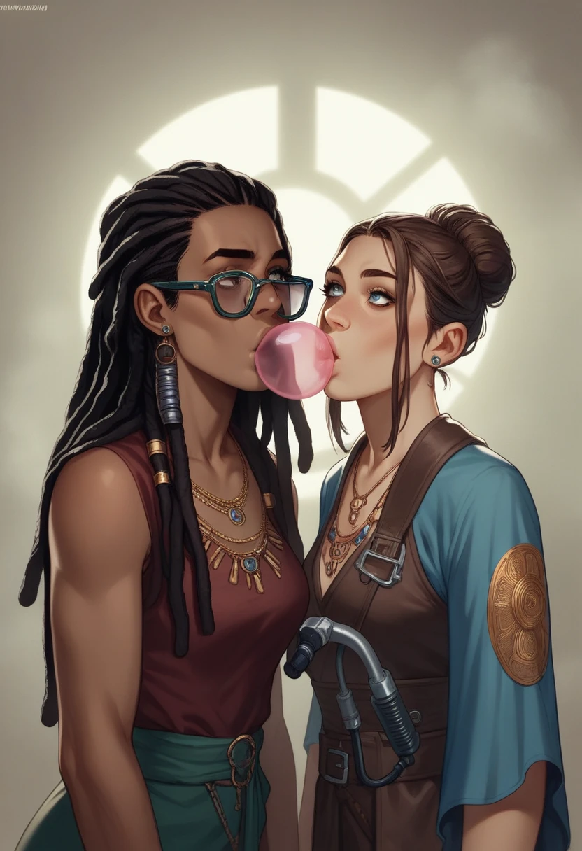 there are two women with dreadlocks blowing bubbles in a dark room, Darius Zawadzki and Tom Bagshaw, a biopunk teenage cyborg, psychedelic coloring, steaming glasses, 3D render of a shaman, oxygen mask, beautiful gemini twins, blowing gum, fashion hippie  