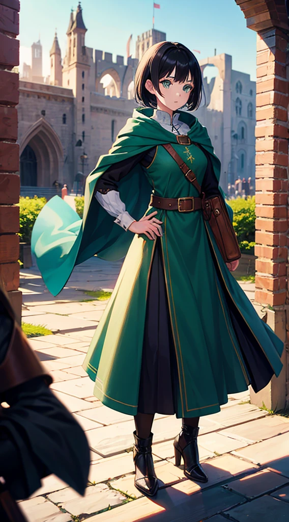 1girl, medieval dress, full body shot, traveler, green eyes, short black hair, medieval city background, action