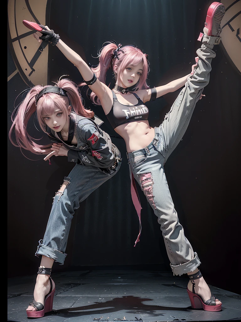 (Full body image:1.3)、(Side view:1.1)、(Beautiful Face:1.3)、(Smiling with teeth showing:1.3),(Shibuya Gal:1.5)、(Beverly Hills Whore:1.4)、(Neo-Goth Fashion:1.5)、(Punk rock visual kei:1.4)、(Modern white and red Baron:1.5)、(Tattered brown and charcoal denim baggy pants:1.5)、(Mustard yellow headband:1.3)、(Charcoal and khaki high heels:1.4)、collar、(We sell patterned underwear with logos.:1.4)、15 years old、Browsing Caution,((Highest quality、In 8K、masterpiece:1.3))、Sharp focus:1.2、(Layered Cut、Huge boobs:1.1),Beautiful woman with perfect figure:1.4、(Leg spread:1.3)、(Raise your arms:1.2)、(Open your legs:1.3)、Slim Abs:1.2、Butt、Highly detailed face and skin texture、Fine grain、double eyelid,(Twin tails:1.3)、(Pink Hair:1.3)、Dynamic pose、Obscene pose、Humiliating pose、Idol Sculpture、(high end fashion show stage:1.3)、(Slimming your legs:1.4)、(The body is slim:1.3)、(clavicle:1.1)