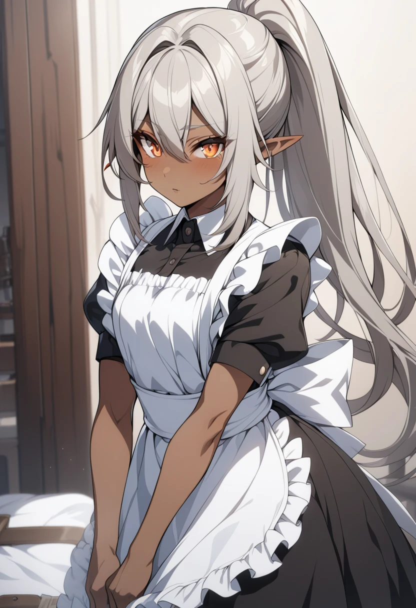 orange eyes,,((brown skin,dark elf,))grey hair,1lady,high ponytail, ,pointy ears,elf,,masterpiece, highres, solo, (maid:1.40), (long maid dress:1.15), anime_style, 14
