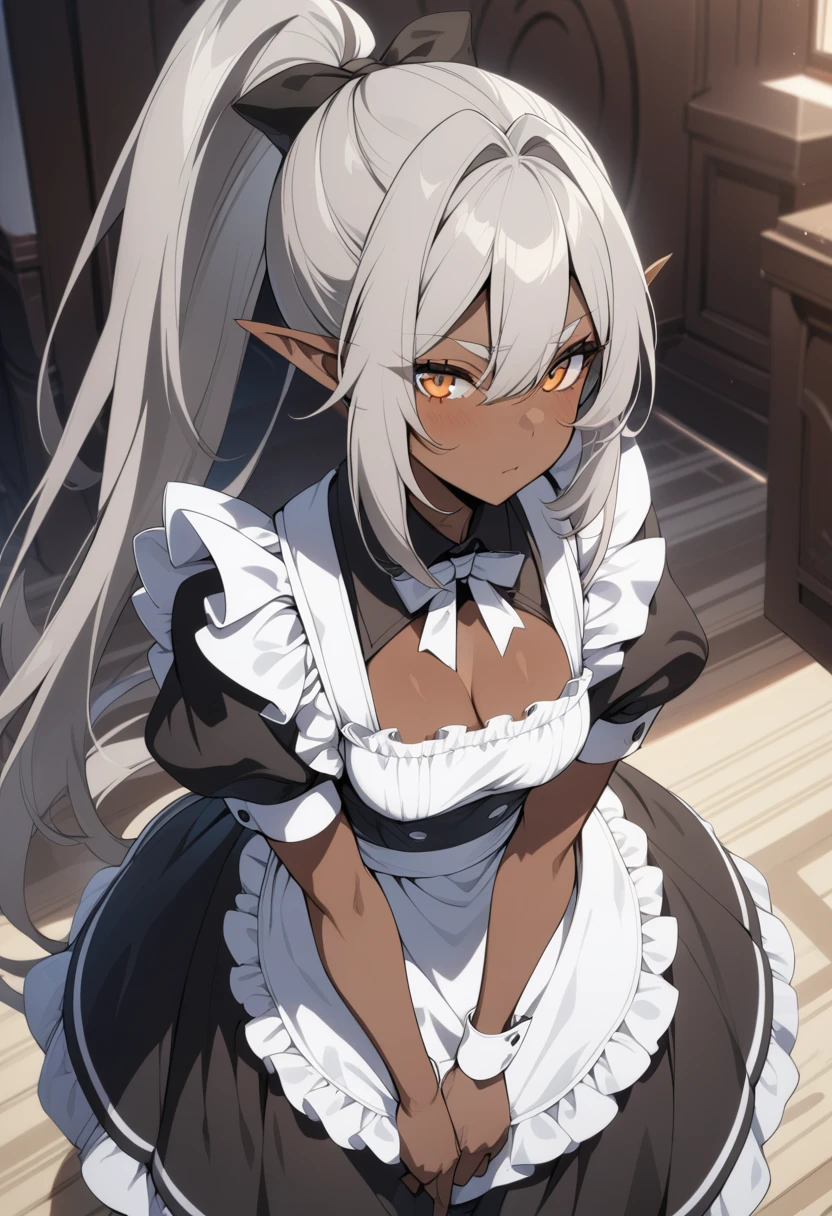 orange eyes,,((brown skin,dark elf,))grey hair,1lady,high ponytail, ,pointy ears,elf,,masterpiece, highres, solo, (maid:1.40), (long maid dress:1.15), anime_style, 14
