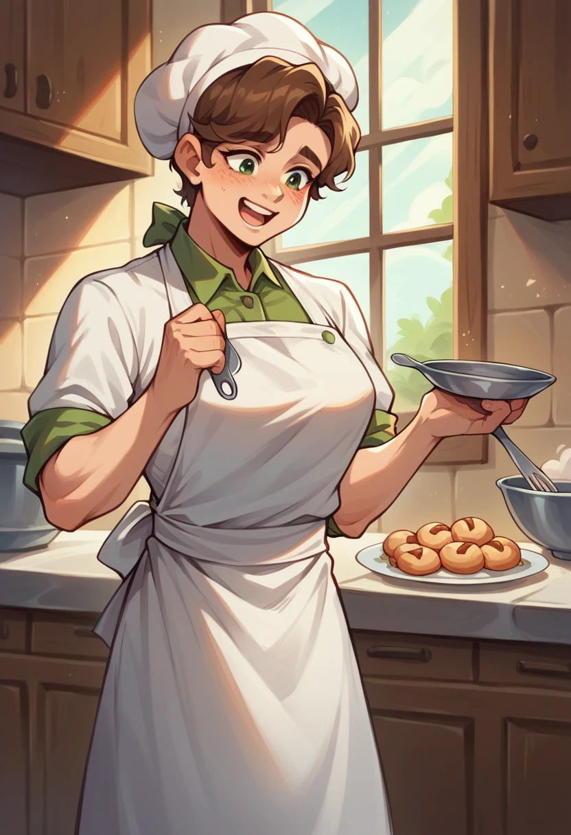 clearing! Here is the translation of the text I wrote above:

"A Stardew Valley-style baker. The chef is in a cozy bakery, wearing a white apron and a chef&#39;s hat. The bakery is full of colorful cakes, sweets and breads displayed on wooden shelves and a counter. The background shows a rustic and cozy interior with wooden walls, a large oven and a window letting in sunlight. The scene is vibrant and charming, with Stardew Valley&#39;s signature pixel art style."