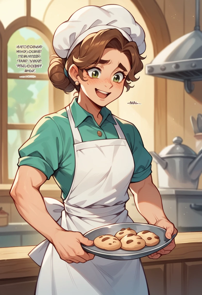 clearing! Here is the translation of the text I wrote above:

"A Stardew Valley-style baker. The chef is in a cozy bakery, wearing a white apron and a chef&#39;s hat. The bakery is full of colorful cakes, sweets and breads displayed on wooden shelves and a counter. The background shows a rustic and cozy interior with wooden walls, a large oven and a window letting in sunlight. The scene is vibrant and charming, with Stardew Valley&#39;s signature pixel art style."