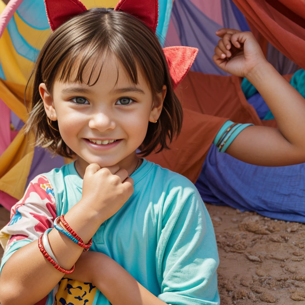 A cheerful person with brown hair and short hair is depicted in this artwork. He is barefoot and wearing a bracelet on his wrist. They have a fixed shape-shifting ability, which is visually represented by real dog ears and a tail. O has striking red eyes and also wears an earring and a ring.. The artwork focuses on capturing the innocence and joy of childhood, with a vibrant and fun color palette. The lighting is soft and highlights the child&#39;s features, creating a warm and inviting atmosphere. This artwork is created using various media, such as illustrations and digital painting. The emphasis is on creating a high-quality masterpiece with ultra-detailed features and a realistic look., Photorealistic rendering, destitute, pink nipple,