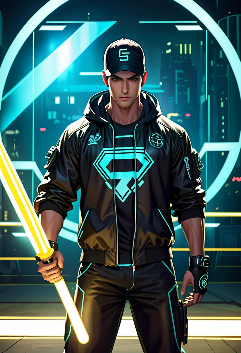 Movie shot, 1 baseball player in cyberpunk style costume in a very sci-fi holographic image arena, holding a bat, confidently facing the opponent in front of him, spotlight, attention, super detail