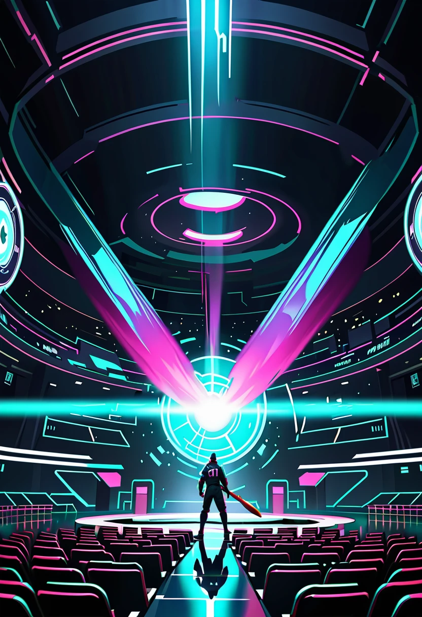 Movie shot, 1 baseball player in cyberpunk style costume in a very sci-fi holographic image arena, holding a bat, confidently facing the opponent in front of him, spotlight, attention, super detail