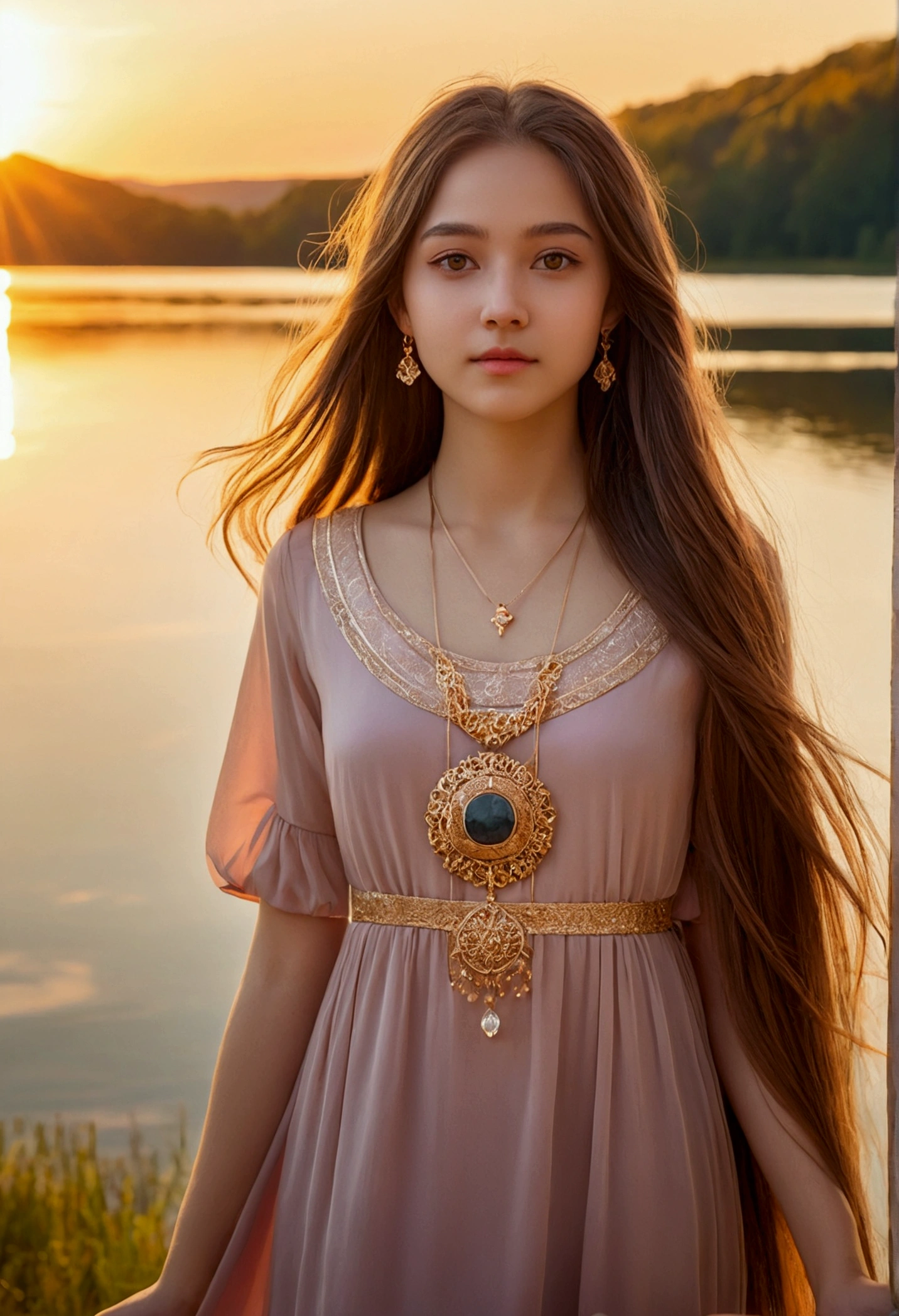 1 Girl, Bright expression, Captivating eyes, Straight Long Hair, loose fitting dress, Balanced posture, Polzelandhout, A faint blush, Crystal Pendant BREAK Golden Hour, (Felgenberoichtung):1.2, Warm tones, Solar flare, Soft Shadows, Sparkling colors, Pictorial Effects, Dreamlike atmosphere resting on a picturesque lake, Distant Mountain々, Weidenbaum, Still water, consider, Sunlit clouds, Peaceful atmosphere, Idyllic Sunset, Ultra-detailed, Official Art, Unity 8k wallpaper , Tangled, Mandala