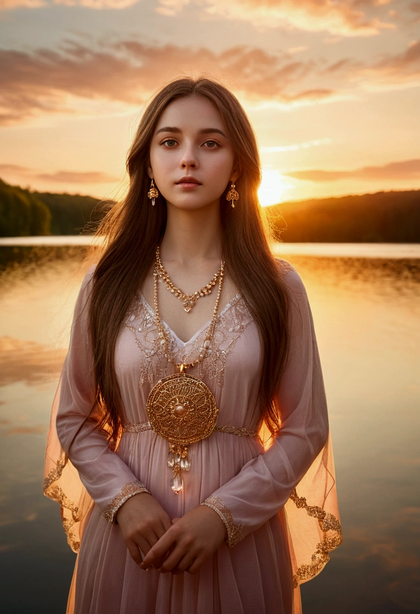 1 Girl, Bright expression, Captivating eyes, Straight Long Hair, loose fitting dress, Balanced posture, Polzelandhout, A faint blush, Crystal Pendant BREAK Golden Hour, (Felgenberoichtung):1.2, Warm tones, Solar flare, Soft Shadows, Sparkling colors, Pictorial Effects, Dreamlike atmosphere resting on a picturesque lake, Distant Mountain々, Weidenbaum, Still water, consider, Sunlit clouds, Peaceful atmosphere, Idyllic Sunset, Ultra-detailed, Official Art, Unity 8k wallpaper , Tangled, Mandala