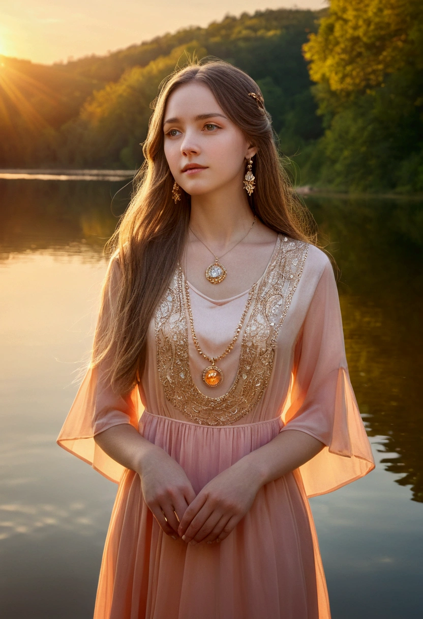 1 Girl, Bright expression, Captivating eyes, Straight Long Hair, loose fitting dress, Balanced posture, Polzelandhout, A faint blush, Crystal Pendant BREAK Golden Hour, (Felgenberoichtung):1.2, Warm tones, Solar flare, Soft Shadows, Sparkling colors, Pictorial Effects, Dreamlike atmosphere resting on a picturesque lake, Distant Mountain々, Weidenbaum, Still water, consider, Sunlit clouds, Peaceful atmosphere, Idyllic Sunset, Ultra-detailed, Official Art, Unity 8k wallpaper , Tangled, Mandala