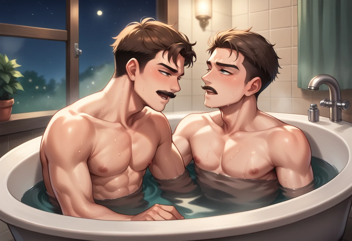 The man in his 45s with black very short hair and smooth face with moustache. The woman in her 45s with brown hair. In the bathtub. Night, dark, dim. They are naked. Lap sex. The woman is moaning. Orgasm. Passion. Erotic. Ultra realistic.