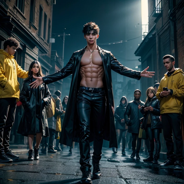 ((ung man)), ((ultra realisitic)), ((picture-perfect)), ((face perfect)), ((ultra detaild)), ((fully body)), ((perfectbody)),, um jovem de cabelos vermelhos longos usando um manto negro semiaberto walking em direção ao visualizador, Open arms, walking, Grinning, yellow eyes, ominous aura