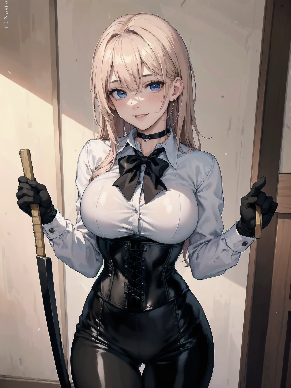 Masterpiece, Superior image quality, high resolution, 4k image,photo and gross, photorealistic, whole body, distant view, 1 young man of 15 years, enthusiasm pose, {{{vagina}}}, big breasts, beautiful face, Long blonde hair, blue eyes, very detailed eyes, pink cheeks, excited expression, drawing a happy smile, choker:1.6, (white collar button down long sleeve shirt), black gloves, gloves that cover hands, (black leather corset), (shiny black leggings), Sensual Lips, show details in the eyes, looking at the viewer, large elegant illuminated room