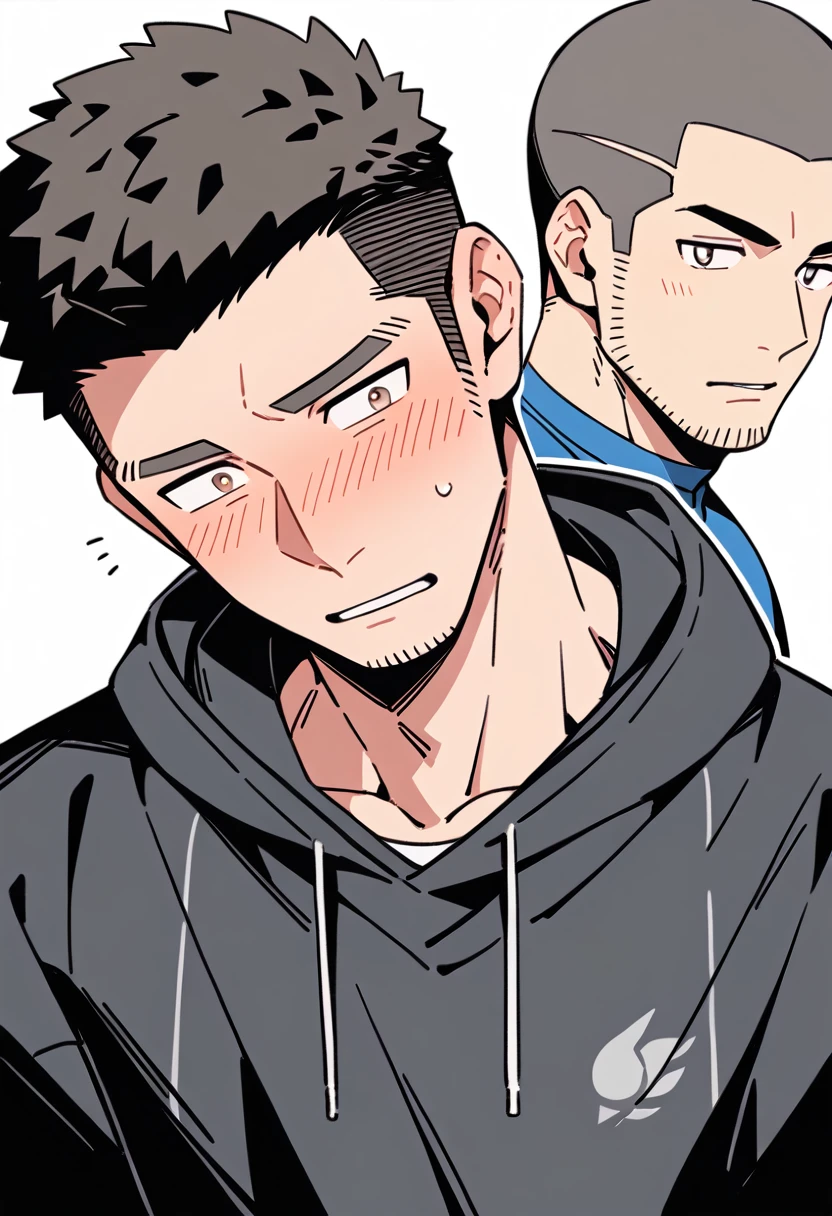 anime characters:Priapus, Muscle Sports Student, Buzz Cut, Manliness, male focus, Sports tight hooded sweatshirt, Very tight, full and perky chest muscles, muscular male, muscular, only, Upper body, alone, Black short hair, Thick eyebrows, stubble, Brown-red pupils, White background, simple background, amazing quality, best aesthetics, Ridiculous, crew cut, parted lips, flustered, endured face, shy, blush, negative space, best quality
