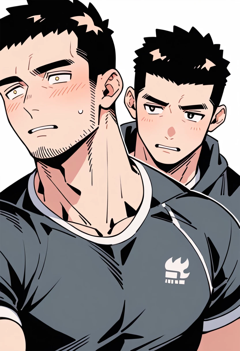 anime characters:Priapus, Muscle Sports Student, Buzz Cut, Manliness, male focus, Sports tight hooded sweatshirt, Very tight, full and perky chest muscles, muscular male, muscular, only, Upper body, alone, Black short hair, Thick eyebrows, stubble, Brown-red pupils, White background, simple background, amazing quality, best aesthetics, Ridiculous, crew cut, parted lips, flustered, endured face, shy, blush, negative space, best quality