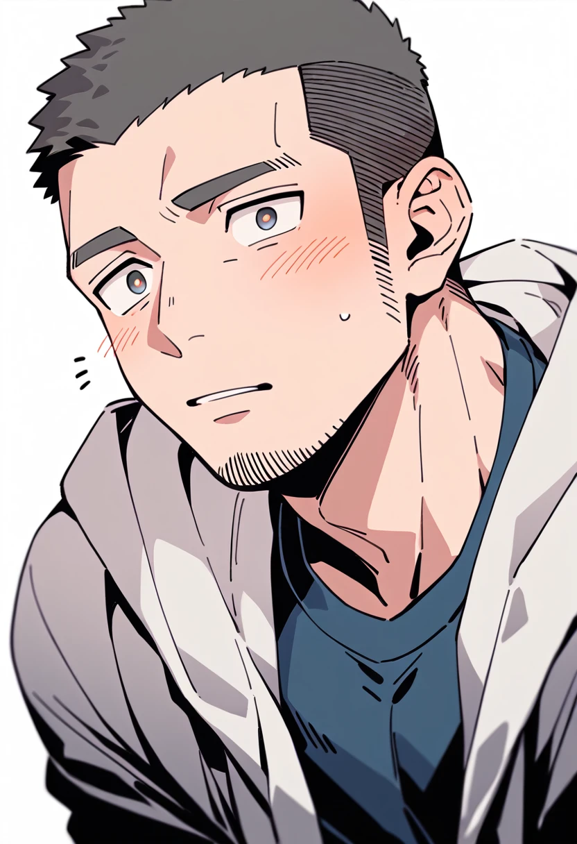 anime characters：Priapus, Muscle Sports Student, Buzz Cut, Manliness, male focus, Sports tight hooded sweatshirt, Very tight, full and perky chest muscles, muscular male, muscular, only, Upper body, alone, Black short hair, Thick eyebrows, stubble, Brown-red pupils, White background, simple background, amazing quality, best aesthetics, Ridiculous, crew cut, parted lips, flustered, endured face, shy, blush, negative space, best quality