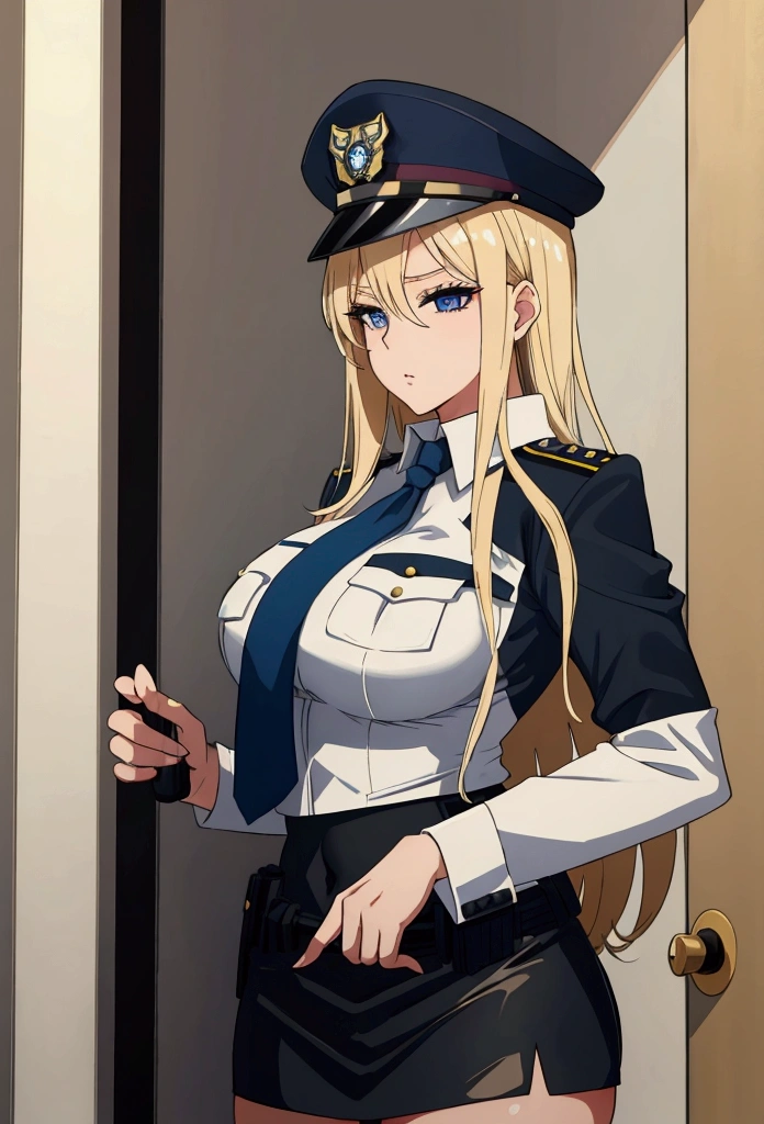 Long blonde woman,Cosplay.Police.uniform.Costume.Costume.sexy.Miniskirt.