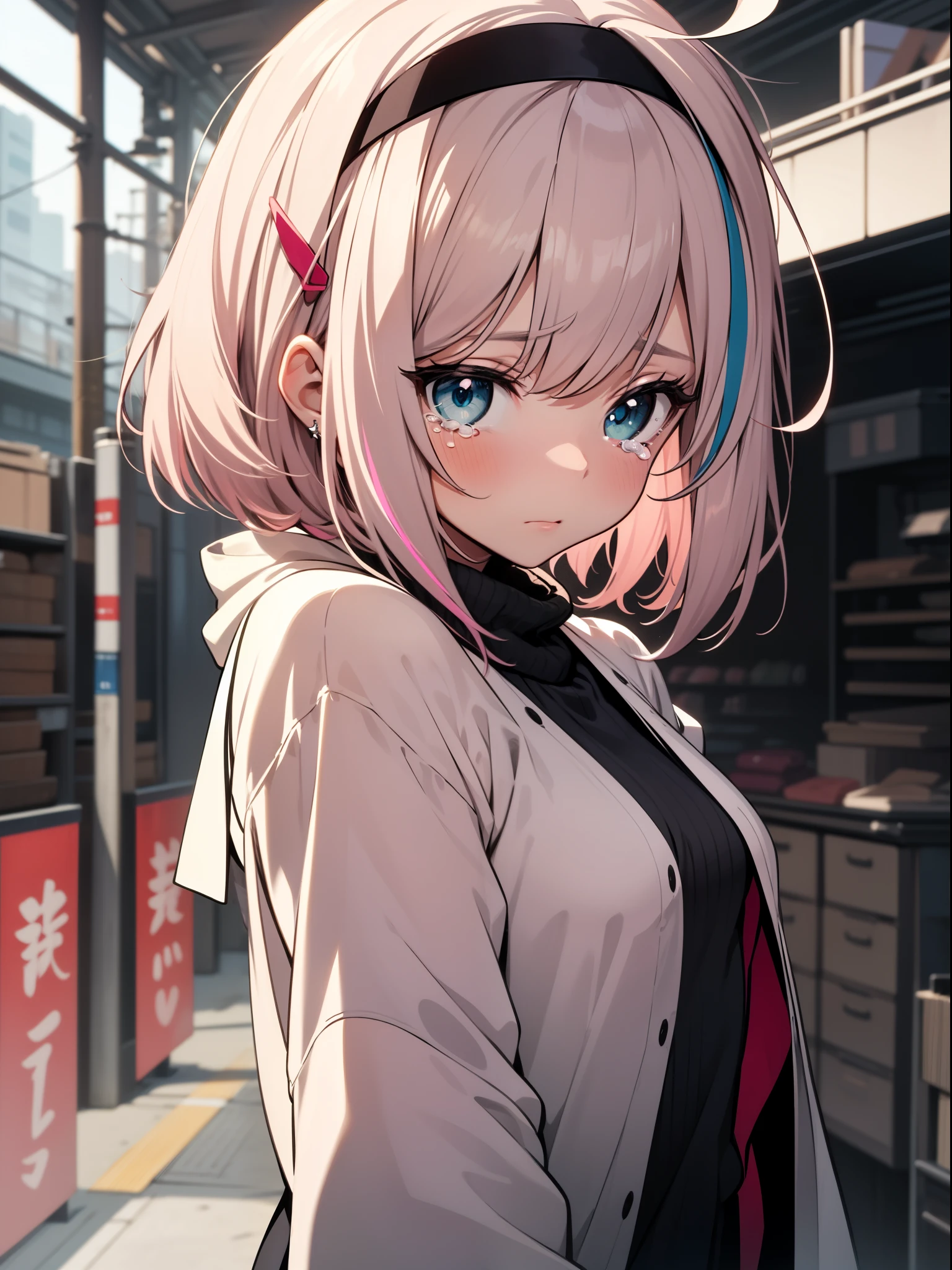 from the Side below Black silk, upper body, pleated skirt, poncho, original, monochrome, flat color, intricate detail, flat shading, flat color, minimalist-lines, graphite (medium), , bishoujo, young girl, crossed bangs, ahoge, side_ponytail, split-color hair, medium hair, streaked hair, blue_eyes, crystal pink_hair, pink_hair, looking at viewer, looking up, tears, blush, embarrassed, aquagradient eyes, tiny tits, hair ribbon, hair ornament, hair rings, hair stick, hairband, close-up, ukiyo-e, zoom layer, anatomically correct, masterpiece, high details