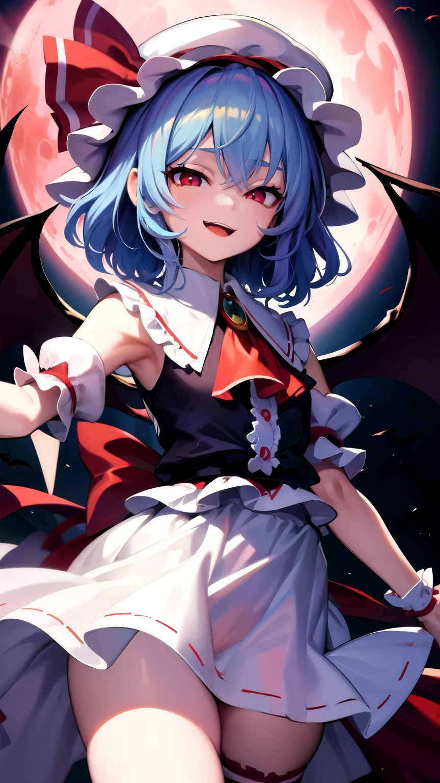 (masterpiece:1.2, highest quality), remilia_scarlet_touhou
sealing, sit astride, girl on top,
red_eyes, short_hair, bat_wings, wings, ribbon, hat, blue_hair, mob_cap, hair_between_eyes, hat_ribbon, bangs, smile, red_ribbon,
pink_headwear, puffy_short_sleeves, puffy_sleeves, red_moon, shirt, short_sleeves, sky, ascot, frilled_shirt_collar, frills, night_sky, open_mouth, pink_skirt, purple_hair, red_ascot, skirt, wrist_cuffs,