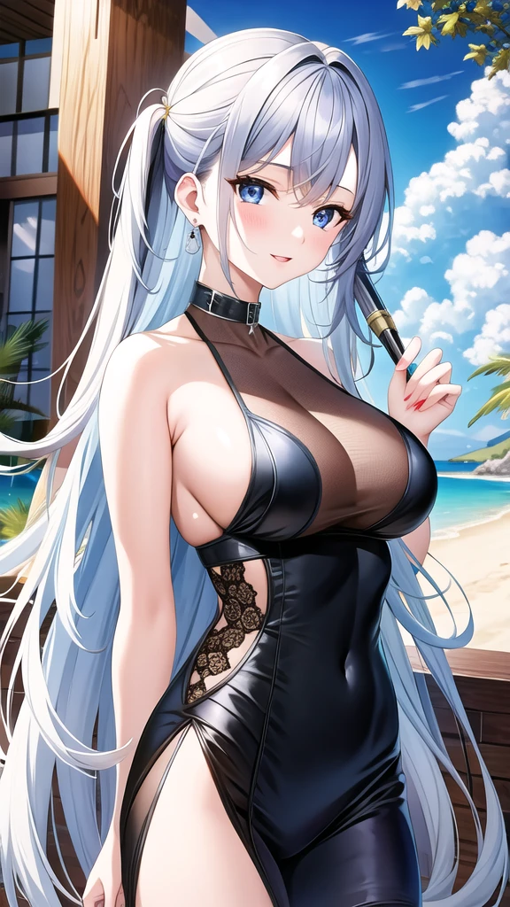 Highest quality、Highest quality、masterpiece、beautiful girl、Silver long hair、blue eyes、Big Breasts、naked