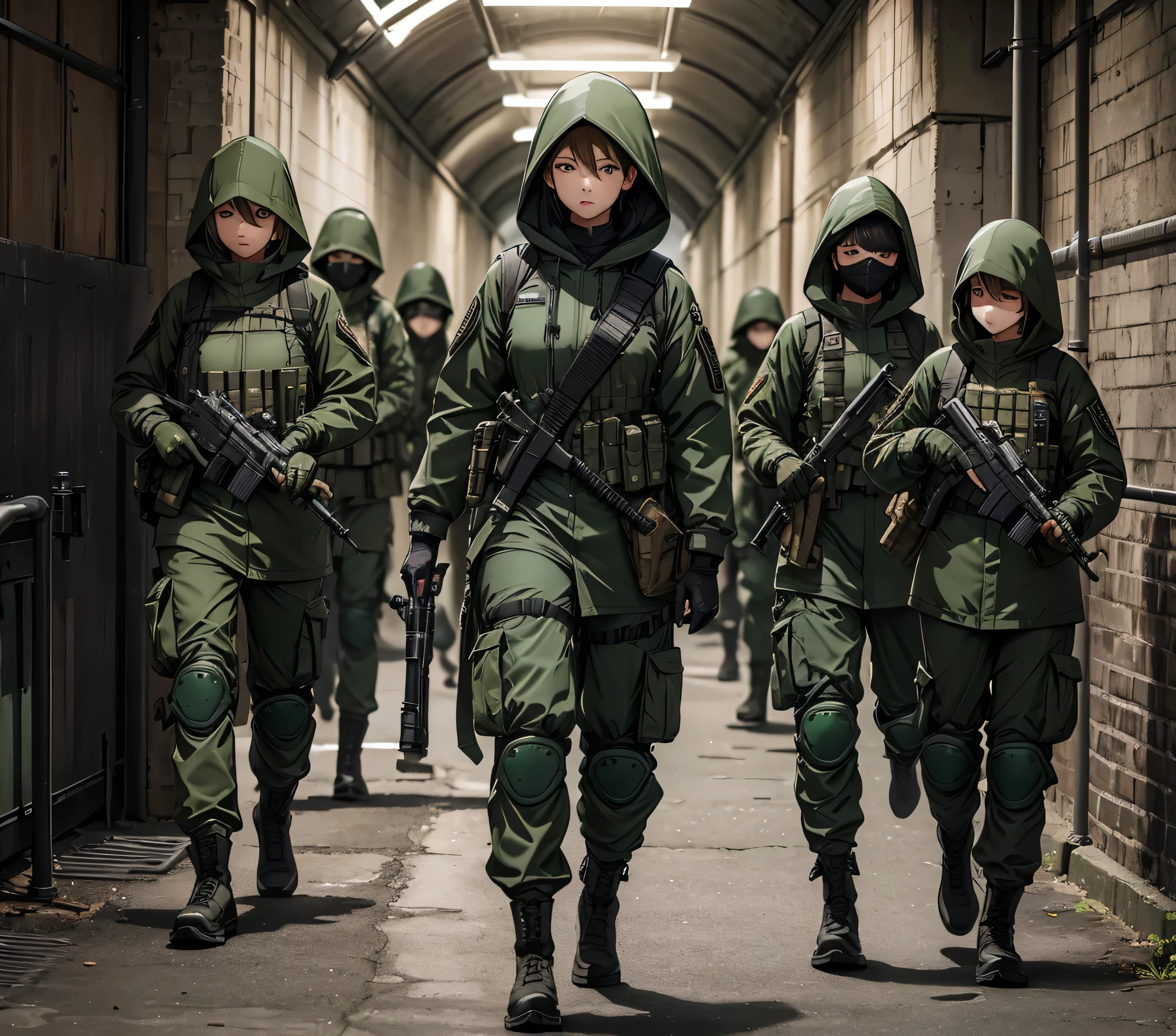 A group of female soldiers guarding in the tunnel、All wear dark green M-51 hooded military uniforms、Hooded on head、Magazine Pouch、Military Pants、Knee pads，Write details、masterpiece、best quality、Highly detailed CG、8K picture quality