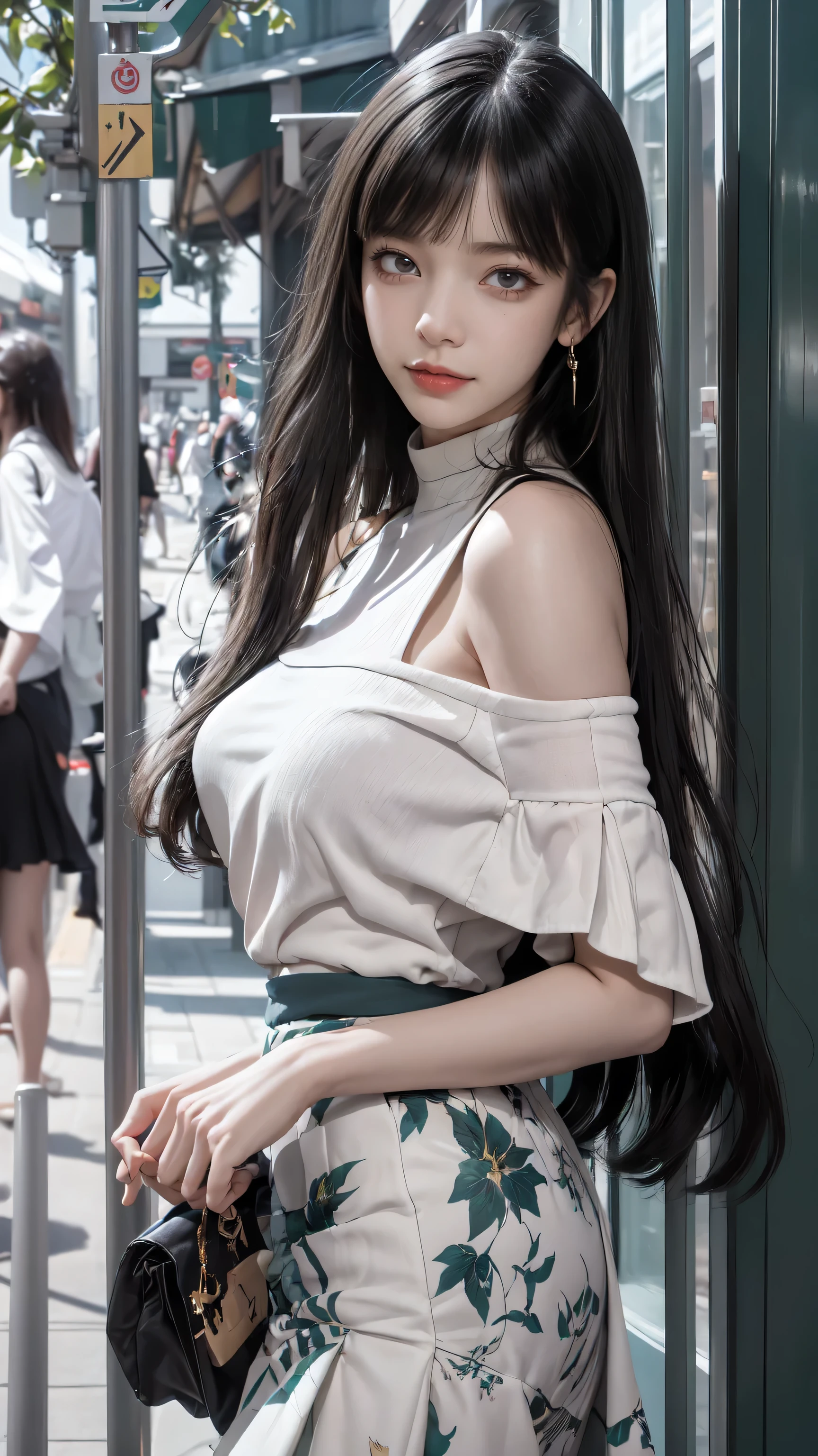 Fluorescent color, One girl, Look to the side, Beautiful Face, Beautiful Eyes, （Off The Shoulder: 1. 2), Upper Body, Shiny Hair, Shiny skin, Reduce glare, The proportions of the fingers are well coordinated, dark, ass pov, Dynamic Angle, (((master part))), (((best qualityer)), ((Ultra Details)), (illustration)、 (Detailed light), ((Very delicate and beautiful)), Dramatic_shade, Lightning Strike Trace, reflection, Ultra-high resolution、 Your black hair blowing in the wind, Bright green eyes looking at red tulips with butterflies sparkling around them, Black Haired Woman, A woman walking through a lakeside park sparkling with dots of light, Sparkling Butterfly、 Black-haired woman, Spots of light around the woman, Magical Aura, Green Eyes, Supernatural Aura, Super magical aura Black-haired woman((Semi-transparent open shoulder white long dress))((The skirt flutters up in the wind))、