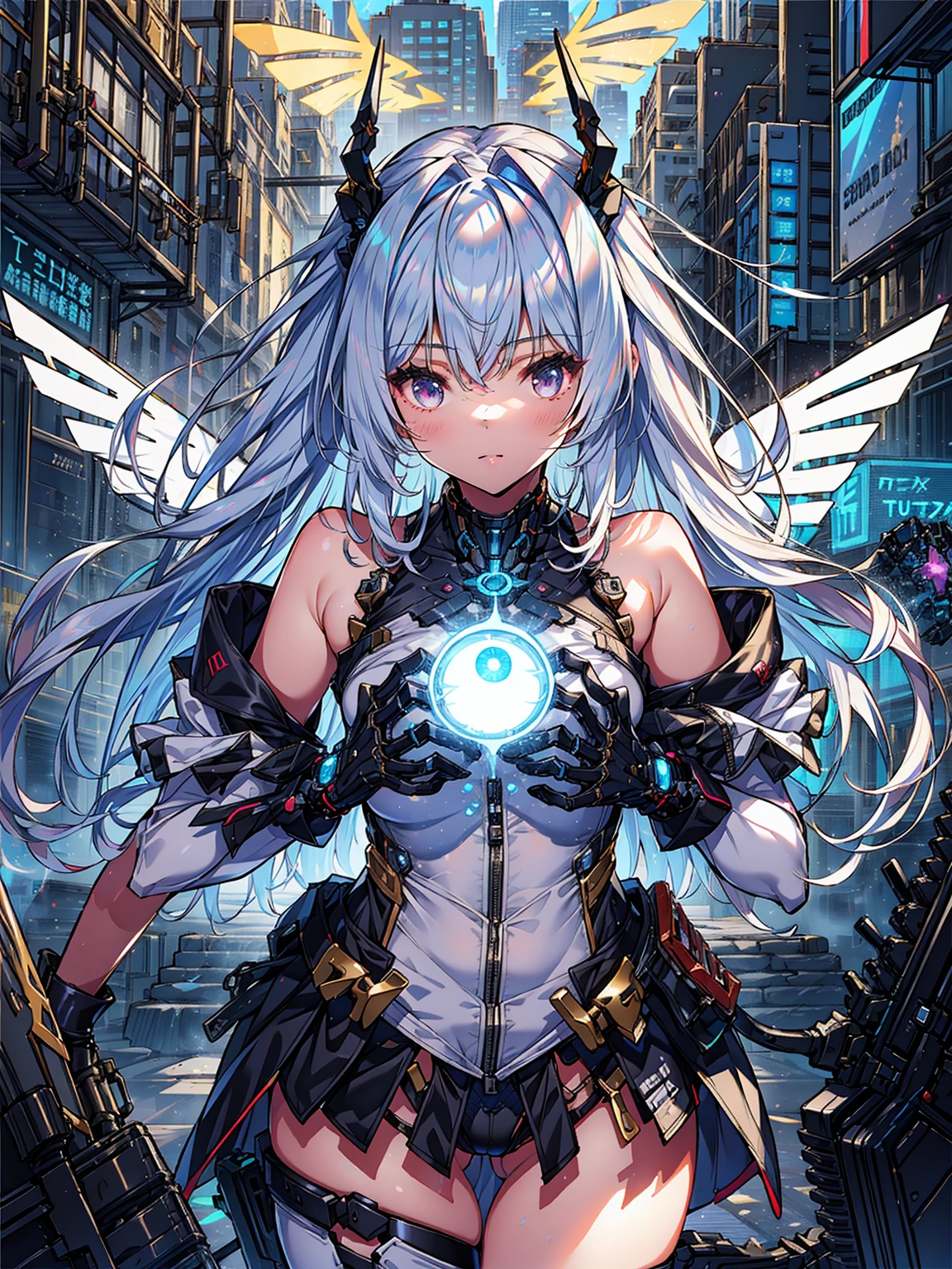 Masterpiece, verydetailedな, Highest quality, Sharp focus, 12k, ultra hi resolution picture, big ,12k,Perfect Anatomy, Highest quality, ((One Girl))、Silver Hair、Hair length、Floating Hair、、Cyber City、Neon Building、(Upper body:1.05)、very_detailed_eye_and_face,Cybernetic Wings、Random posture、Skyscraper、、Mechumusume、Miko costume,Maid clothes、Random Angle、Anime Style,Cowboy Shot