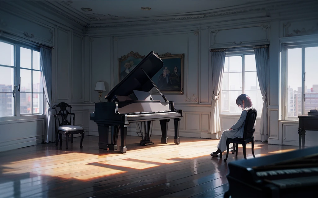 Gloomy atmosphere, girl in an empty room plays the piano, It&#39;s dark all around, yearning, despair