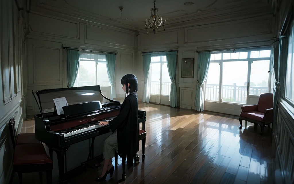 Gloomy atmosphere, girl in an empty room plays the piano, It's dark all around, yearning, despair