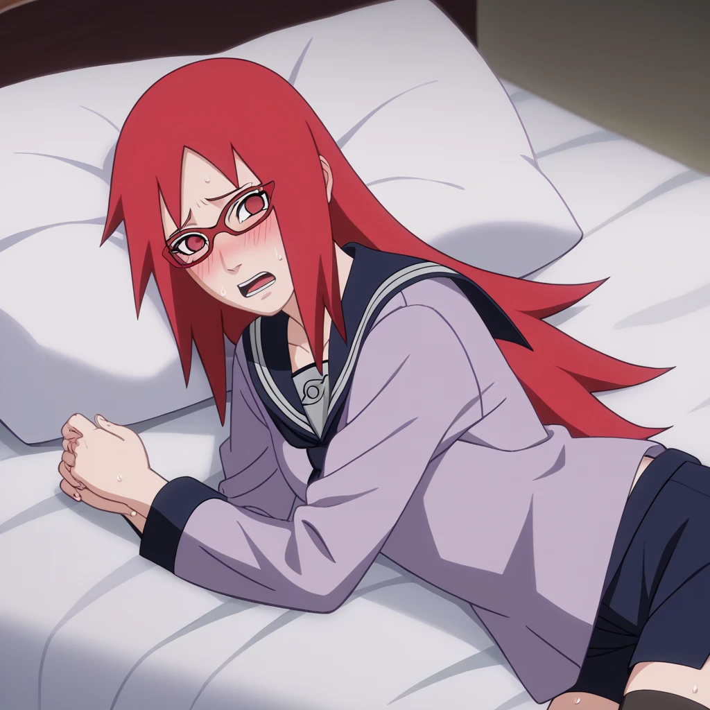Red hair, 1 Girl, Glasses, Long hair, Red Eyes, Solitary, Sailor Suit, Black over-the-knee stockings, Black shorts, Umbilical cord, Looking at the audience，No students, Japanese cartoons screencap, Japanese cartoons coloring,src_Japanese cartoons,Naruto \(series\), Naruto shippuuden,（（blush，nervous，Vision，））masterpiece， absurd ， （Intricate details）， （Colorful）， light， Extremely detailed CG unity 8k wallpaper ，1 Girl， solo，（shy，In the hotel，Lying on the bed，night，blush，nervous，Sweating，蕾丝dress， ），sweat，blush，blush1.5，Blush，Medium chest，（（dress，Black stockings，luxurious hotel，night，）），（dress，Lying in bed，Uncomfortable expression，Mouth open，spit）