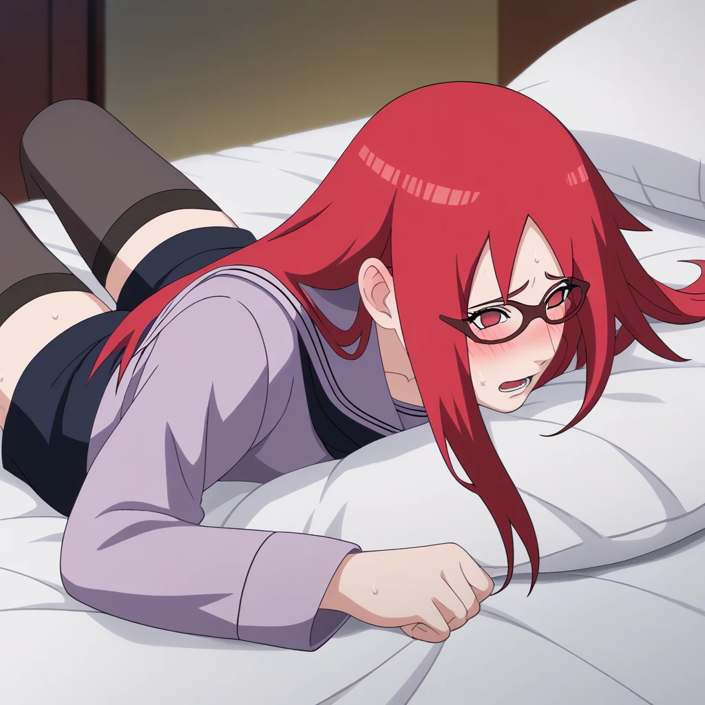 Red hair, 1 Girl, Glasses, Long hair, Red Eyes, Solitary, Sailor Suit, Black over-the-knee stockings, Black shorts, Umbilical cord, Looking at the audience,No students, Japanese cartoons screencap, Japanese cartoons coloring,src_Japanese cartoons,Naruto \(series\), Naruto shippuuden,((blush,nervous,Vision,))masterpiece, absurd , (Intricate details), (Colorful), light, Extremely detailed CG unity 8k wallpaper ,1 Girl, solo,(shy,In the hotel,Lying on the bed,night,blush,nervous,Sweating,蕾丝dress, ),sweat,blush,blush1.5,Blush,Medium chest,((dress,Black stockings,luxurious hotel,night,)),(dress,Lying in bed,Uncomfortable expression,Mouth open,spit)
