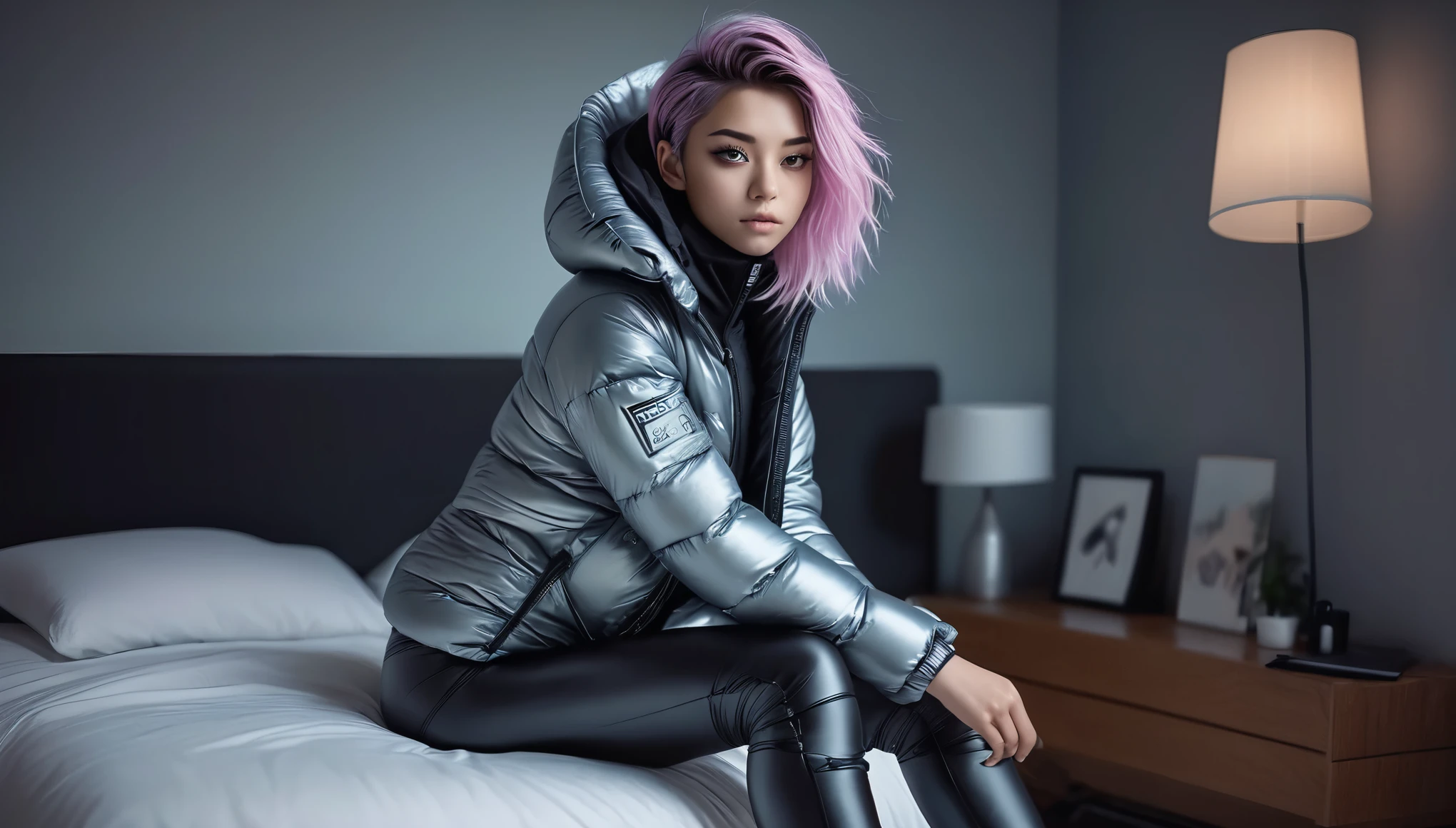 Top Quality, Masterpiece, High Resolution, 8k, full body shot, wide view, (((skinny girl in a oversize puffer and wetlook leggings, wide neckline, deep neckline, beautiful detailed eyes, small closed mouth, extremely detailed face, long pixie asymmetrical hair style, small hips, at night, dim lighting, next to a bed, look behind, cyberpunk, tatoo, pastell)))