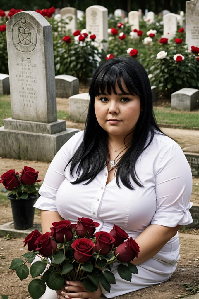 A chubby woman with 2 roses, one white and one red, in her hands , black hair sitting in front of a grave of someone named Hector