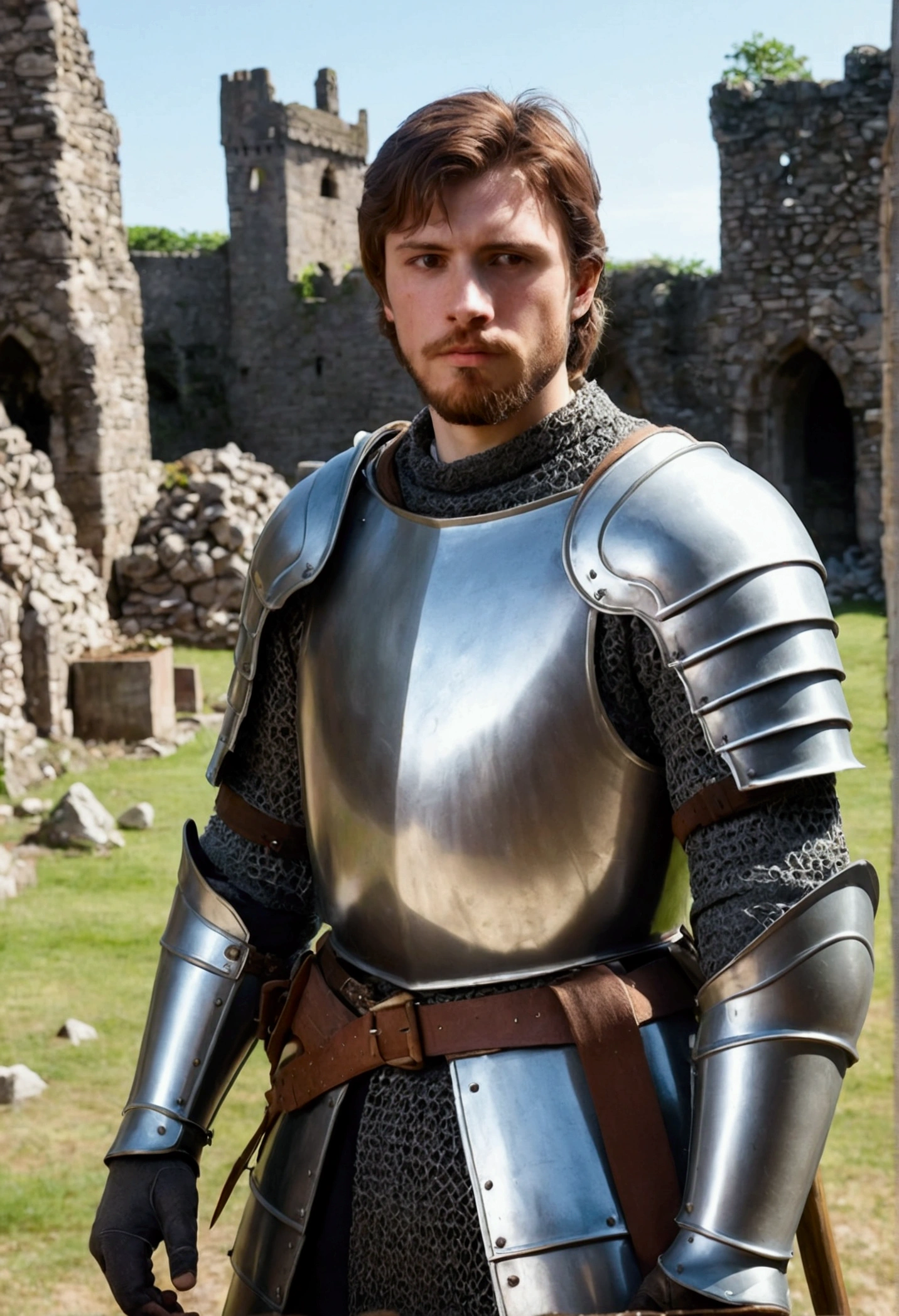 25 year old knight in armor with cuts visible, brown hair, plain face, brown beard, medium height, plain looking, is attending a number of graves that are made of rocks. In the background a ruined castle tower visible